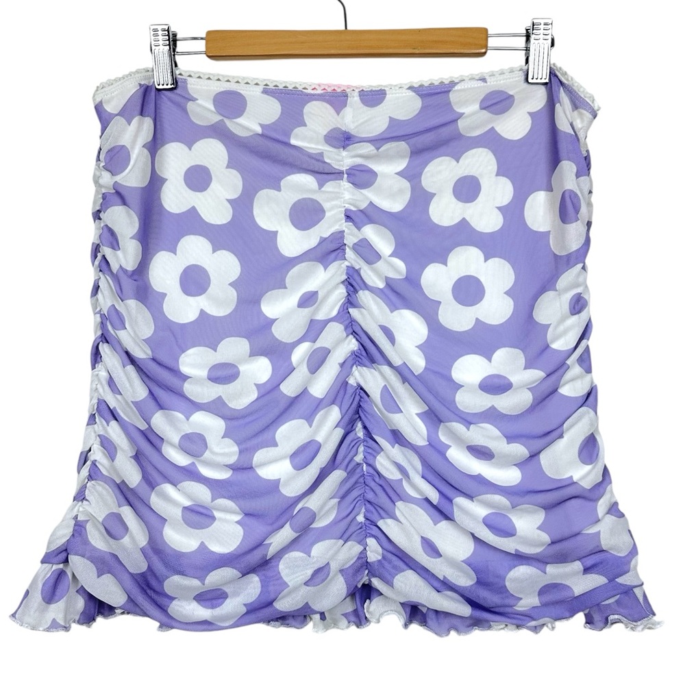 Sugar Thrillz Floral Pollen In Love Stretchy Sheer Mesh Ruched Mini Skirt Lilac - Picture 6 of 12